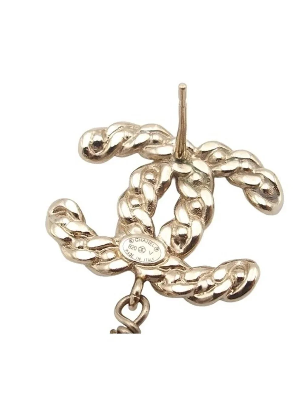 Chanel Earrings Light Gold Metal Asymmetric CC Logo Rhinestone Faux Pearl